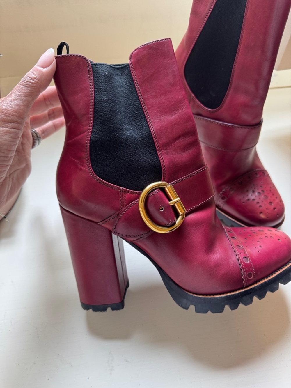 Women's Prada Burgundy Leather Buckle Ankle Boots - Picture 3 of 3